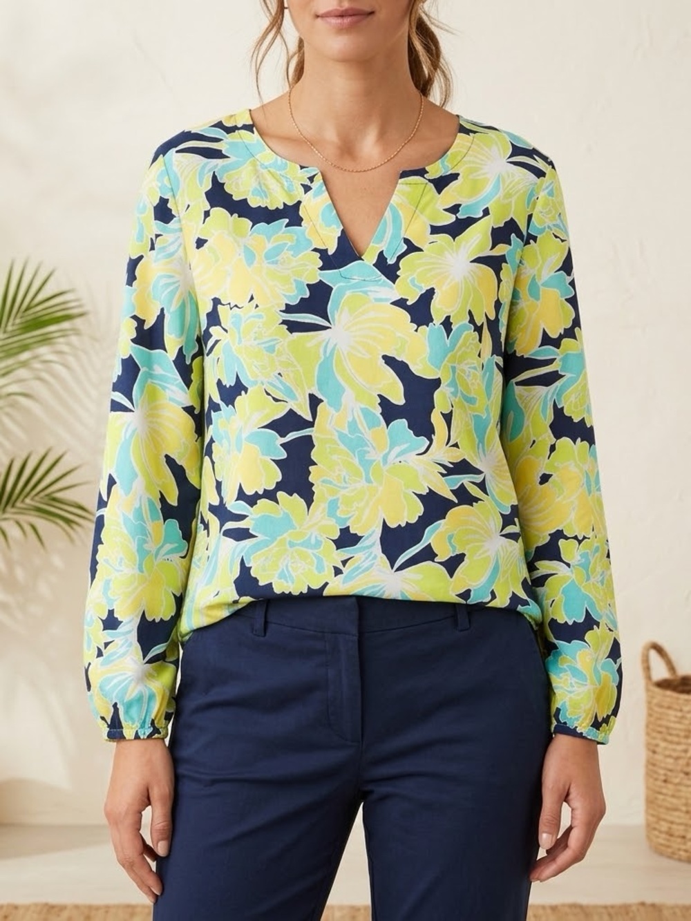 Pappagallo Navy Floral Split-Neck Blouse with Yellow & Aqua Flowers